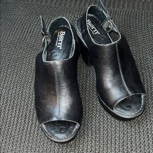 Born Black Leather Peep-Toe Heel Clogs